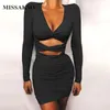 Missakso Sexy évider robe midi club à manches longues élégant col en V profond fête dos nu solide froncé femmes automne robe moulante 210625