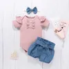 Baywell Summer Baby Girl Одежда набор с коротким рукавом Flare Romper + цветочное печать платье + лук оголовье младенческие девушки одежда одежда 210816