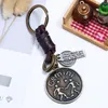 Retro Bronze schijf Keyrering 12 Horoscoopteken Keychain Leather Weave Bag Hang Hanger Rings For Women Men Fashion Jewelry