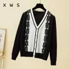 autumn and winter cardigan fashion lace patchwork V-neck long-sleeved sweater women loose single-breasted 210604