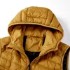 Kamizelka z kapturem Kurtka Mężczyźni Zima Puffer Kamizelka Mężczyzna Ciepły Casual Zipper Patchwork Dół Kamizelka Płaszcze Outwear Rozmiar Odzież 4XL