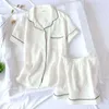 Summer Ladeis Sweet Candy Color Gauze Cotton Solid Color Pajamas Set Short Sleeve+Pants Women Cute Homewear Casual Wear 210831