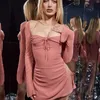 2022 Bahar Zarif Kesip Halter Bodycon Mini Elbise Kadınlar Seksi Flare Uzun Kollu İpli Backless Parti Elbiseler