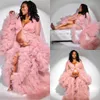 Roze ruches moederschap plus size prom jurken 2021 sexy lange mouw zien door tule zwangere vrouwen formele jurken voor foto shoot al8793