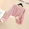 Yedinase Korean Hoodies Kvinnor Långärmad Crop Top Pullover Harajuku Casual Streetwear Striped Sweatshirt 210527