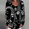 Damens tröjor Abstrakt Print V Neck Blusskjorta Kvinnor 2021 Höst Långärmad Toppar Pullover Casual Streetwear Plus Size Blusas