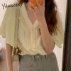 Yitimuceng Bluse Frauen Button Up Shirts Fliegende Ärmel Unicolor Weiß Gelb Sommer Koreanische Mode Büro Dame Tops 210601