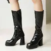 Platform Bayan Yüksek Diz Çizmeler Sonbahar Kış Patent Deri Kadın Su Geçirmez Topuk Beyaz Kırmızı Parti Fetiş Ayakkabı 211217