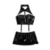 Culottes pour femmes Femmes Erotique Latex Mini Jupe Avec Halter Cutout Crop Top Clubwear Rave En Cuir Verni Outfit Sexy Wet Look B283v