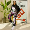 Graffiti Print Women Two-piece Set Loose Hoodies and Baggy Sweatpants Black High Street Jogging Pants Matching Suit Set Outfits Y0625