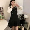 Ärmlös klänningar Kvinnor Pläterad Mode Ny Knapp Fritid Slim Mini All-Match Elegant Studenter Feminin Mysig Vestidos Ulzzang Y1006