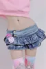 Japanese Girl Pleated Super Mini Denim Skirts Low Waist A Line Bud Solid Night Club Party Wear Skirt Punk Style 210619