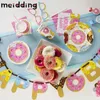 Donuts Dekoracje Jednorazowe Pulpit Plate Party Tableware Donuts Banner Pull Flaga Dziecko Prysznic Urodziny Dekoracje Kids Nice Y0730