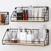 Hooks & Rails Wooden&Iron Wall Shelf Organizer Holder Kitchen Supplies Hanging Storage Cabinet For Home/ Bathroom