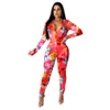 Women Two Piece Set Floral Printed Long Sleeve Turn Down Collar Top & High Waist Bodycon Skinny Pants Work Suits Tracksuit 210525