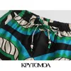 KPYTOMOA女性のファッションサイドポケットプリントワイドレッグパンツヴィンテージ高弾性ウエスト巾着女性足首ズボンムヤー211115