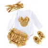 4 ШТ. / Установить Baby Girl Romber Одежда набор одежды Хлопок комбинезон золотистые размытые шорты шорты ботинки повязки костюм рожденные одежды 210816