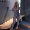 Kliou Moda Desen Baskı Örgü Eklenmiş Iki Parçalı Set Kadın Uzun Kollu Bodysuit Tayt İnce Slim 2 Parça Kıyafet 210714