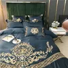 Conjuntos de cama Azul Luxo Requintado Gold Royal Bordado 60S Satin Silk CAMA Fronhas de linho cablagem de linho de algodão conjunto de folha de edredão