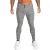 Mens jeans varumärke chinos byxor grå plaid skinny byxor för män sida stripe stretchy passande atletisk kropp zm355