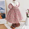 Kids Girl Smocked Floral Dress Infant Vintage Frocks Toddler Spanish Smocking Dress Children's Smock Clothes Perter Pan Collar 210303