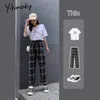 Plaidbyxor Women Wide Leg High Waist Plus Size Straight Street Sweatpant Byxor Joggare Vintage Streetwear Lossa Kläder 210706