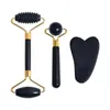 Rouleau de Massage du visage en obsidienne Sawooth, 3 pièces, capuchons en Silicone, ensembles d'outils Gua Sha, masseur, Acupuncture, grattage, pierre de guérison, outils de soins de santé