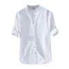 Baumwolle Leinen Casual Hemden für Männer Basic Classic Weißes Hemd Herbst Männlich Langarm Stehkragen Atmungsaktive Herrenbekleidung 210708