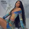 Sisterlinda Kelebek Baskı Seksi Düşük Kesim Bandaj Mini Wrap Elbise Kadın Flare Sleeve Mesh See-through Bodycon Yüzme Elbise 2021 Y1006