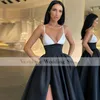 Women's Long Black Sexy Prom Dress Split Spaghetti Straps A Line Girls African Women Formal Evening Gowns