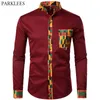 パッチワークのポケットアフリカプリントシャツの男性アンカラスタイル長袖デザインカラーメンズドレスシャツ210708