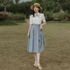 YOSIMI Women Skirt and Top Set Vintage Turn-down Collar Short Sleeve White Shirt Blue Long Office Lady 2 Piece Outfits 210604