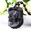 Beau travail manuel chinois obsidienne noire naturelle sculptée mignon éléphant pendentif chanceux + collier de perles bijoux de charme