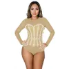 Mesh Sheer Bodysuits Sexiga Tight Body Suit Toppar Kvinnor Långärmad Se genom Bodycon Rompers Diamond Jumpsuits 210604