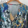 Zevity Women Vintage V Neck Long Sleeve Abstract Flower Print A Line Dress Female Casual Slim Chic Vestido Clothing DS4663 210603