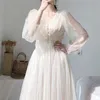 秋のブランドの女性のドレスVネックパフスリーブメッシュミディプラスサイズのおとぎ話のレースエレガントな長いvestidos 210630