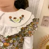Primavera estilo coreano bebé 2-pcs conjuntos bordado peter pan colarinho vestido + macacão floral crianças roupas e693 210610