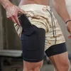 Mens 2 em 1 Camuflagem Shorts Academias Fitness Workout Quick-seco Calças Curtas Masculinas Verão Crossfit Casual Zip Pocket Beach Shorts Y2023