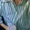 Yitimuceng Gestreifte Bluse Frauen Button Up Casual Shirts Langarm Unicolor Grün Frühling Sommer Koreanische Mode Tops 210601