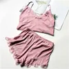 Dois peça de algodão pijama conjunto sexy lace top e shorts pijamas espaguete strap sleepwear alto elástico pijama nightie roupas casas 210809