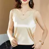Koreanska Silk Kvinnor Toppar Kvinna Satin Lace Blusar Topp Ärmlös T-shirts Plus Size V Neck Broderi 210604