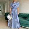 Vintage Puff Sleeve Women Party Maxi Dress Elegant Striped Office Lady Long Es Fashion Turn-Down Collar Button Shirt 220210