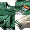 Chaquetas para hombres 2021 Moda Verde Varsity Chaqueta Hombres Japonés Streetwear Abrigo Mujeres de gran tamaño Colorblock Raglan Manga Hombre Béisbol