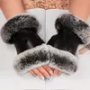 Leather halffinger gloves for women autumn and winter rabbit fur fleece skin warm Five Fingers Glove9909664