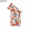 Zevity Femmes Sexy Single Épaule Stone Graffiti Imprimer Bow Slim Mini Robe Femme Chic Side Zipper Summer Beach Robe DS8200 210603