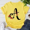 Nom personnalisé Combinaison de lettres T-shirt imprimé de haute qualité pour femmes Fleur Lettre Police A B C D E F G T-shirt jaune à manches courtes X0628