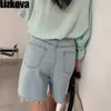 Lizkova coréen taille haute jambe large Denim Shorts femmes été bleu Vinatge Jeans Feminino gland pantalons Cortos 210724