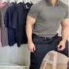 Summer Hombre con cuello en V Muscular deportivo Polo Camisas de machos Pellas redondas Body Slimming Fitness Camisa y mangas cortas Ropa