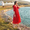 YOSIMI Summer Maxi Elegant Red Chiffon Short Sleeve Long Women Dresses V-neck Vintage Bohemian Female Mid-calf Loose Dress 210604