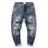 Street Style Fashion Men Jeans Retro Blue Destroyed Ripped Vintage Designer Patchwork Hip Hop Frayed Hole Denim Byxor